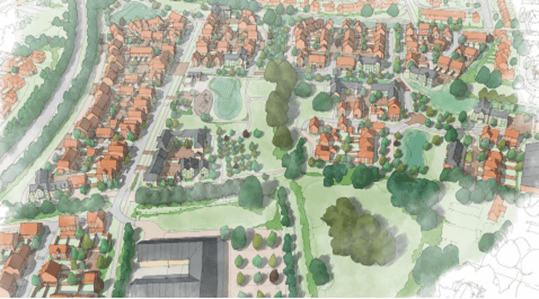 CGI site plan showing green spaces, trees and the roofs of new homes.